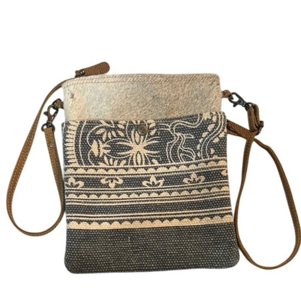 Myra Bag Cowhide Canvas Crossbody Bag Blue White Patterned Small Handbag
